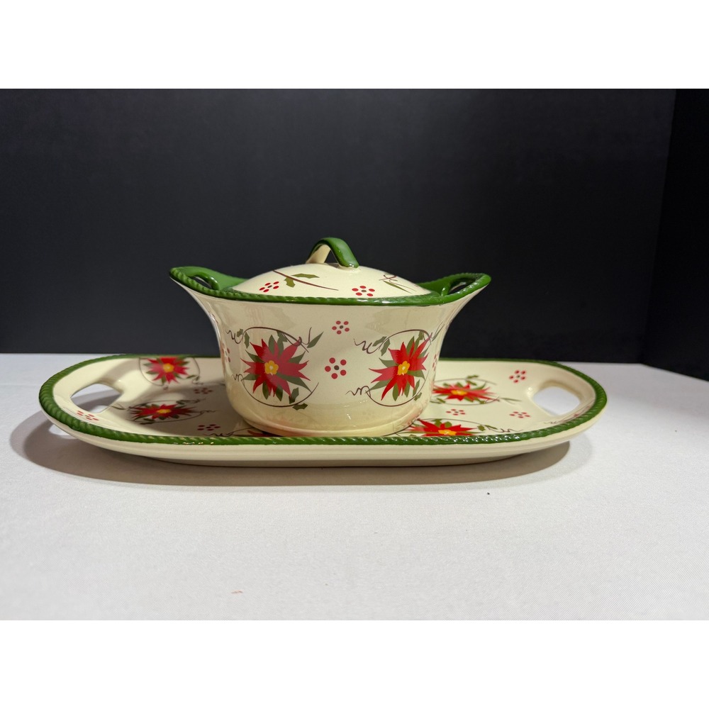 Temp-tations by Tara Seasonal Poinsettia Stoneware Soup Tureen and Tray Set